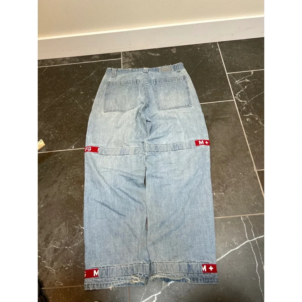 Marithe Francois Girbaud Shuttle Tape Baggy Jeans Mens 36M Light Wash Red Straps